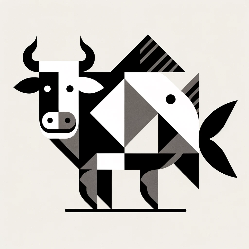 Modern minimalist design of a cow with fish characteristics. Focusing on geometric shapes and a monochromatic palette, capture the creature's essence. The cow's face, with a distinct horn, transitions into a fish body with four legs. The design should be sharp, using repetition in patterns or elements, and convey a sense of wonder at this unique fusion.