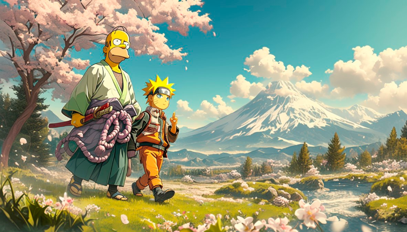 there are Simpson's characters standing next to each other: Homer Simpson wearing a kimono on the left and Naruto wearing a ninja suit on the right, they are walking in the cherryblossom field, mountain landscape background --niji 6 --ar 7:4 --s 650 --style raw