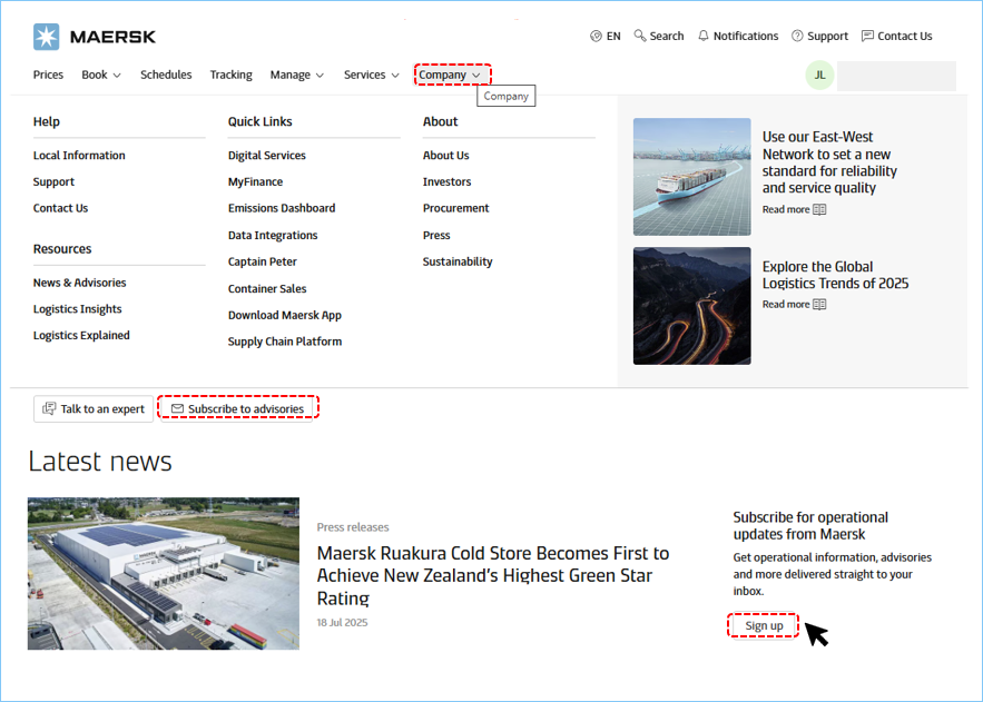 상단 메뉴 회사 (Company) -> 공문 구독 또는 뉴스 및 어드바이저리 (News & Advisories) -> Sign up으로 각종 공문 및 홍보물 수신 여부를 설정