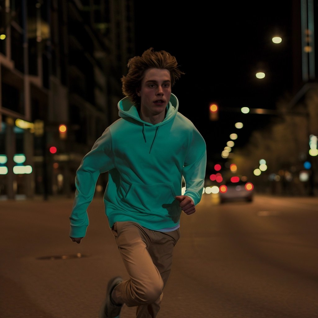 20 year old man with medium length brown hair, wearing an aqua colored hoodie and tan pants, running down a city street at night
