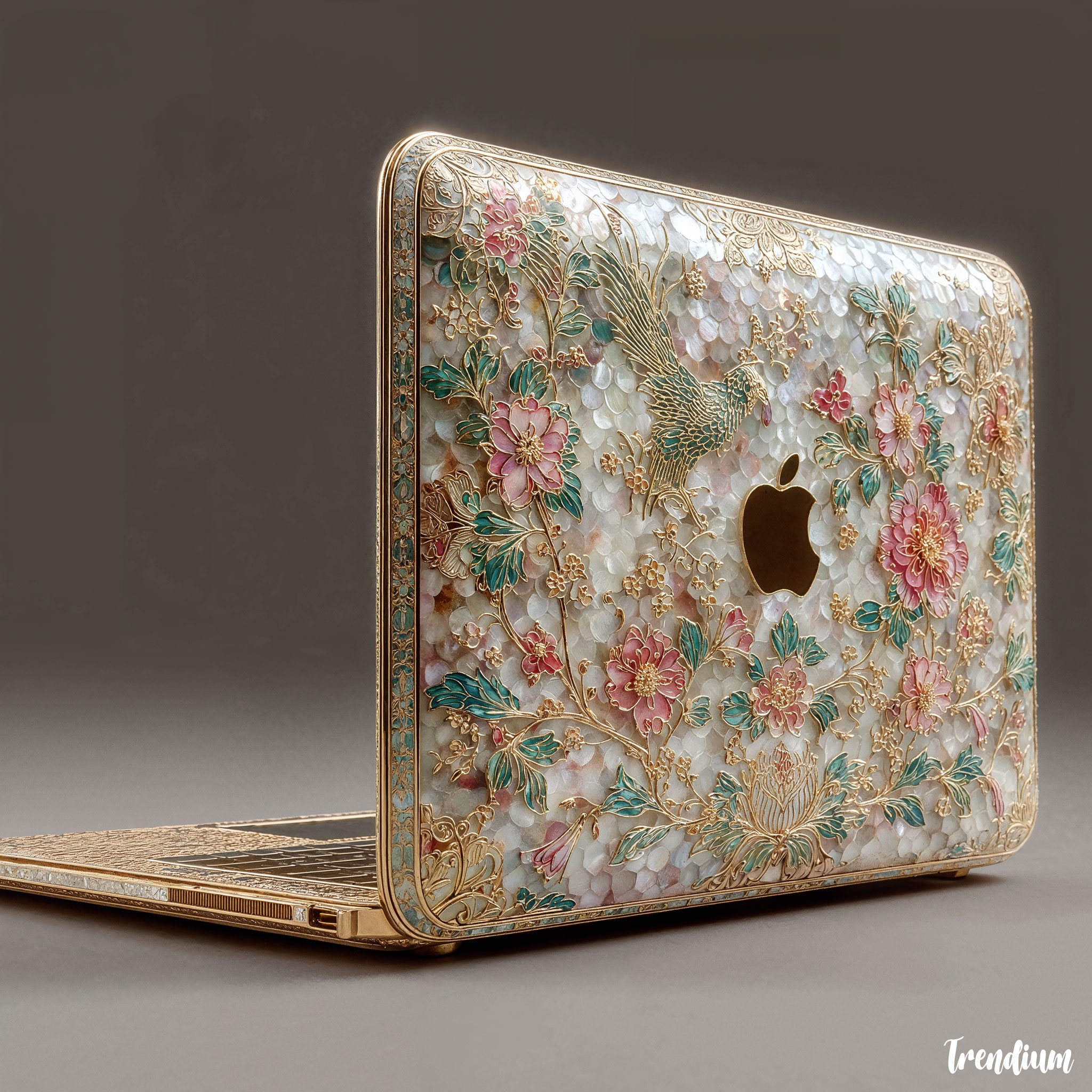 [prompt] Apple MacBook in a special Korean traditional najeon-chilgi style, glossy black background on black base, fully decorated with intricate mother-of-pearl inlay patterns featuring delicate floral and phoenix motifs, bright ivory and subtle pastel rainbow pearlescent tones, slightly raised realistic nacre textures, polished lacquer finish, photographed in a premium product editorial style, dramatic luxury lighting, sophisticated and modern reinterpretation of Korean cultural heritage --v 7 --stylize 500