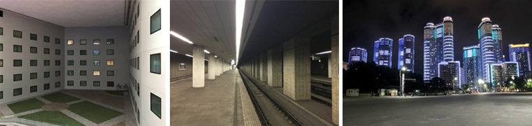   리미널 스페이스로 유명한 현실 장소들 (좌) 영국의 Holiday Inn London Heathrow T4 호텔, (중) 일본의 나리타 국제공항 내 히가시나리타역, (우) 평양, 나무위키