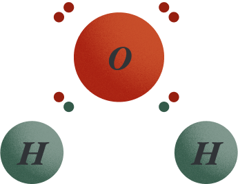 <b><i>Figure.10</i></b> 루이스의 전자쌍 결합으로 표현한 H₂O, <br>6개의 전자를 가진 산소와 1개의 전자를 가진 수소