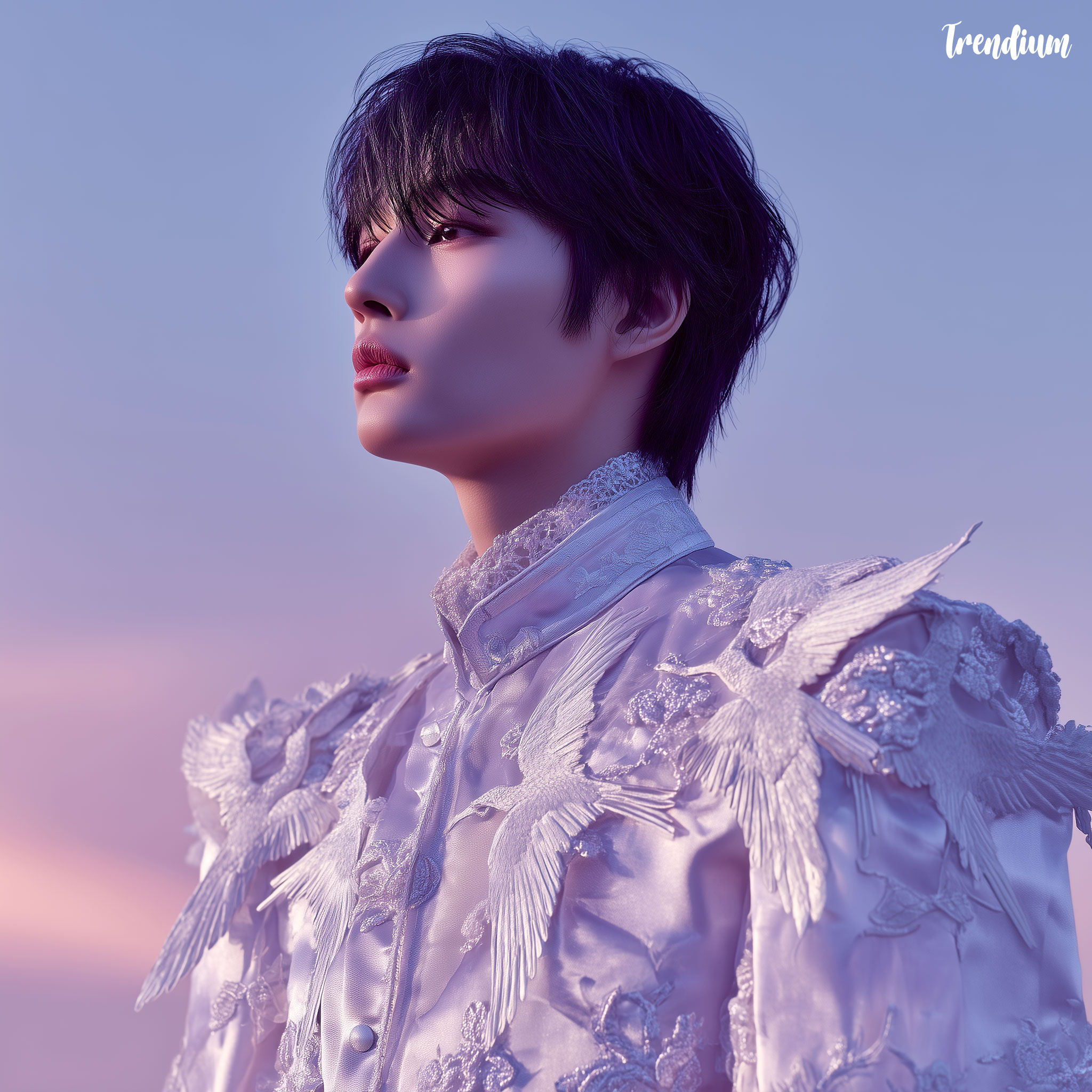 [prompt] A kpop male Idol wearing pale lavender silk shirt embroidered with flying white cranes across chest, subtle shoulder padding reminiscent of armor, Harper’s Bazaar pictorial, Fujifilm GFX100, 110mm lens, ethereal soft light --style raw --v 7 --stylize 180