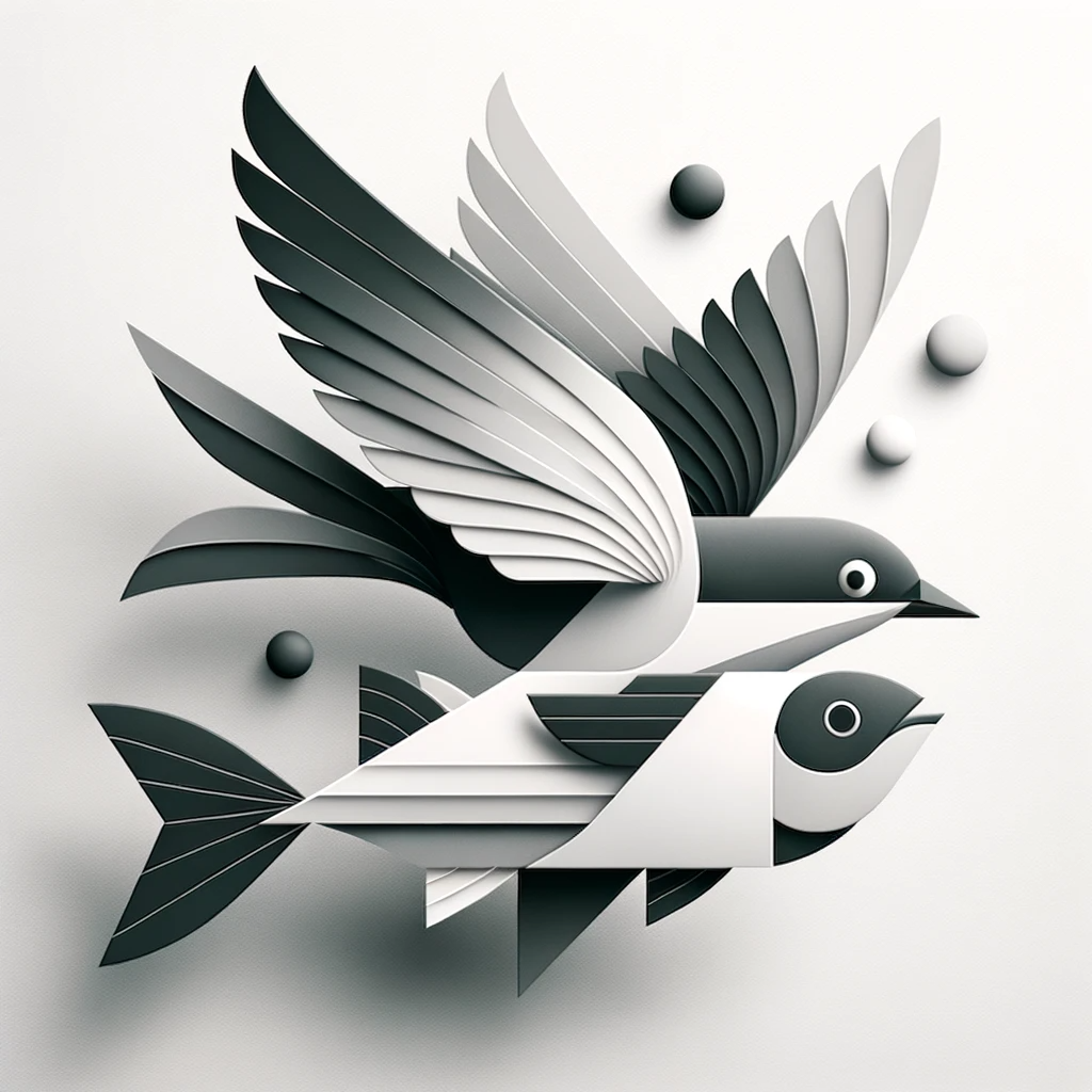 Modern minimalist design capturing a bird with fish characteristics in flight. Relying on geometric shapes and a monochromatic palette, the artwork showcases the bird&#39;s wings and head smoothly blending into a fish&#39;s body and tail. The scene creates a sense of wonder, blending terrestrial and aquatic elements in a harmonious dance.