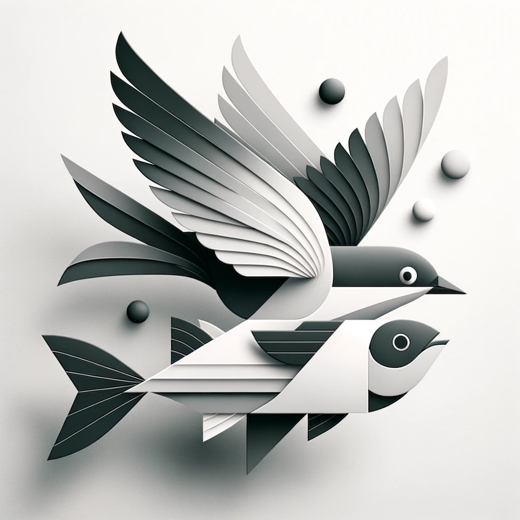 Modern minimalist design capturing a bird with fish characteristics in flight. Relying on geometric shapes and a monochromatic palette, the artwork showcases the bird's wings and head smoothly blending into a fish's body and tail. The scene creates a sense of wonder, blending terrestrial and aquatic elements in a harmonious dance.