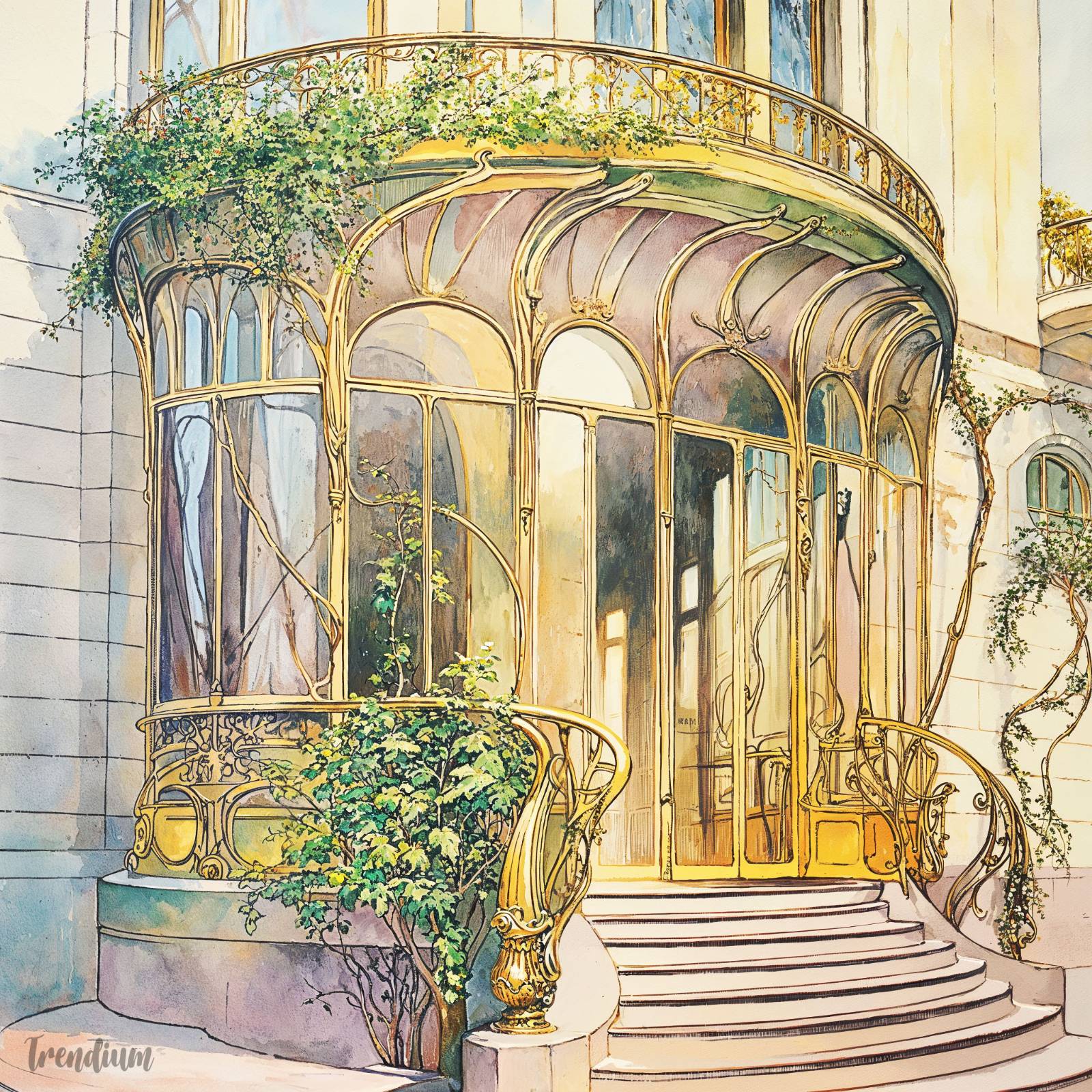 [prompt] futuristic architecture that has been influenced by Hector Guimard's Art Nouveau style, which features flowing organic curves, intricate iron structures that resemble vines, and large, arched windows. The exterior is decorated with nature-inspired motifs such as flowers and leaves. The building combines futuristic design and elegance to integrate natural forms and cutting-edge technology. --sref 1399854940