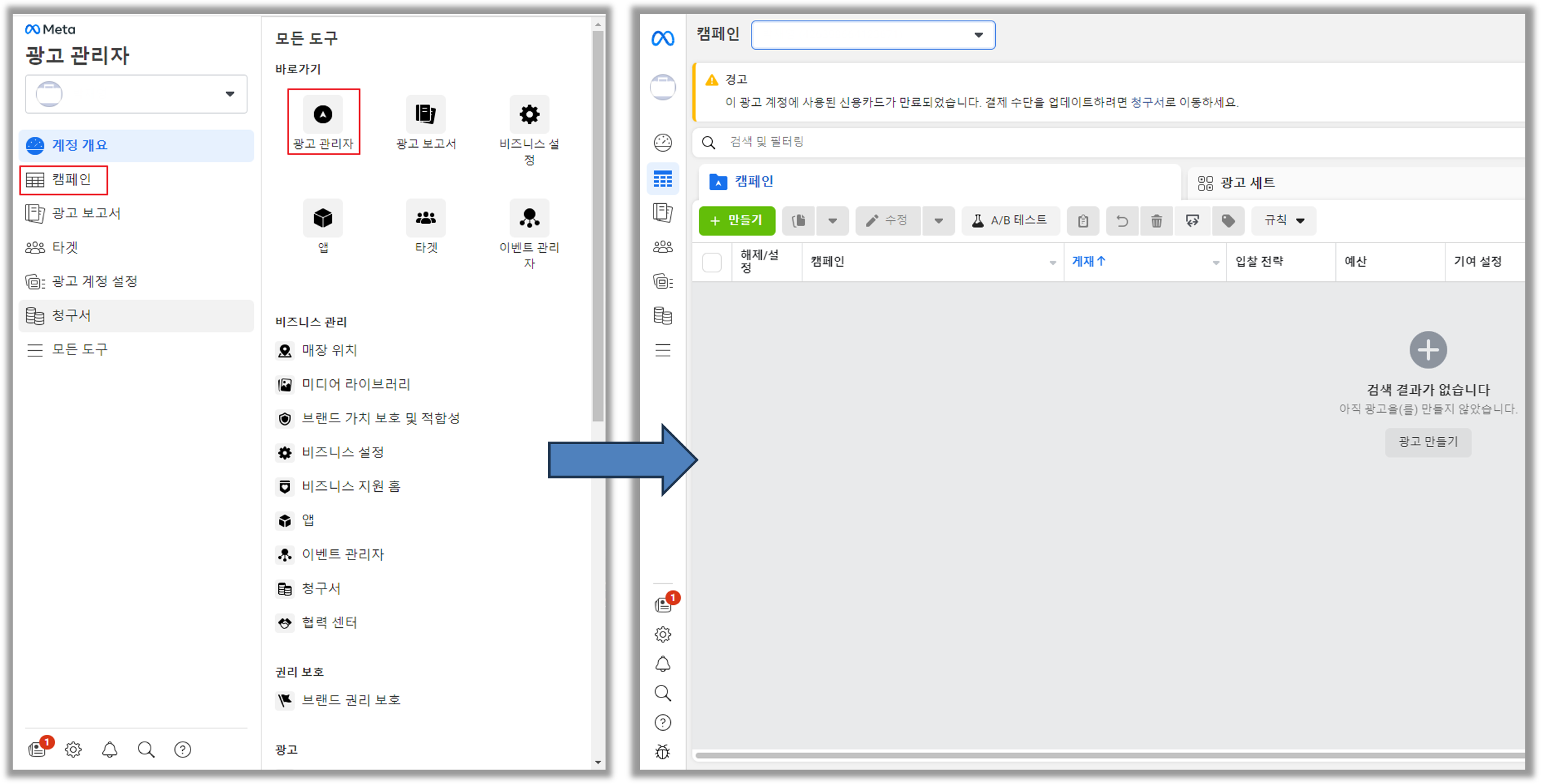 비즈니스 페이지에서 생성 → 캠페인 대시보드