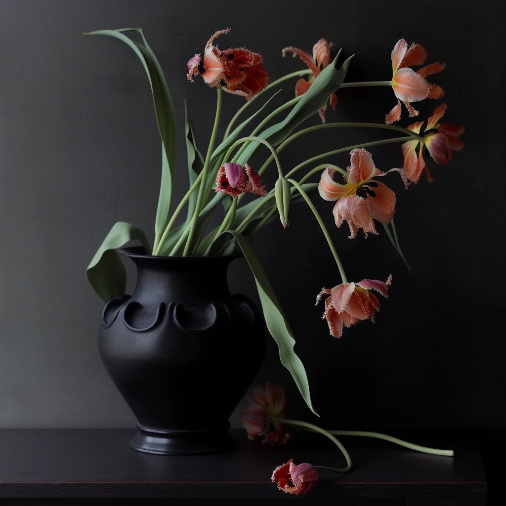 a bunch of old tulips in a black vase