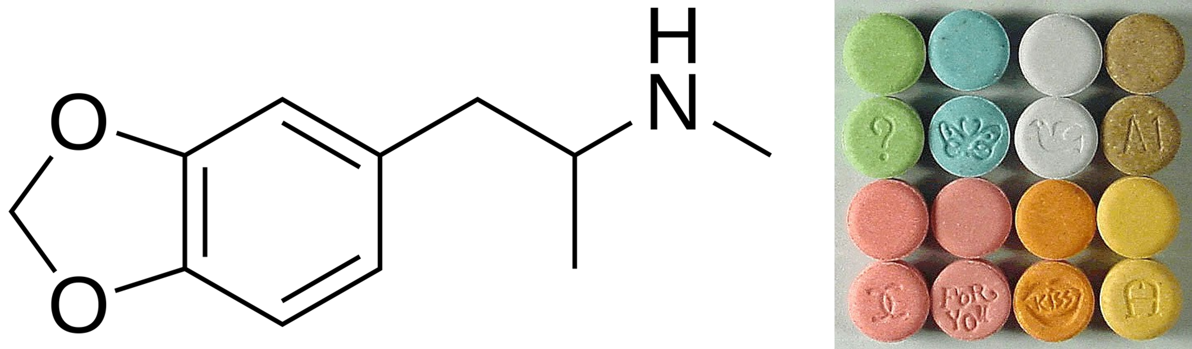 (왼쪽) '엑스터시'로 알려진 3,4-메틸렌디옥시메스암페타민(MDMA)의 분자식입니다. (오른쪽) 시판(?)되는 엑스터시 알약입니다. 이미지 출처: 미국 법무부