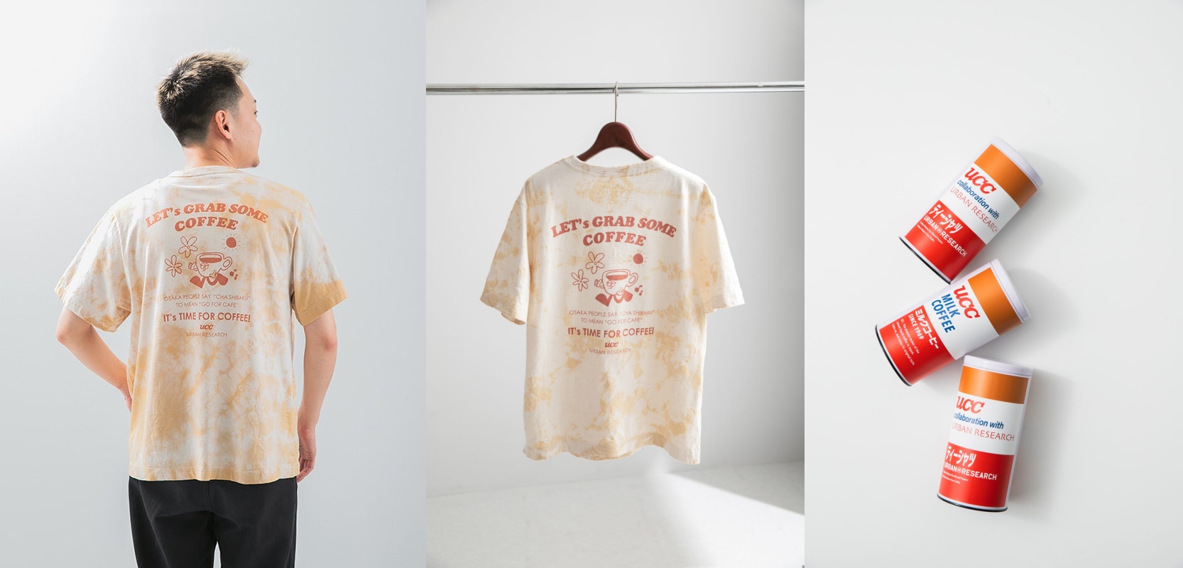 티셔츠의 재료가 된 건 다름 아닌 UCC 그룹 계열 카페 上島珈琲店에서 원두 추출 후 생겨난 커피 가루를 활용 염색한 실로 방직한 천이었어요. 그리고 더불어 커피백을 재료로 런치 킨챠쿠(巾着, 소위 천가방이 이런 소재를 갖죠) 백도 소량 생산해요.