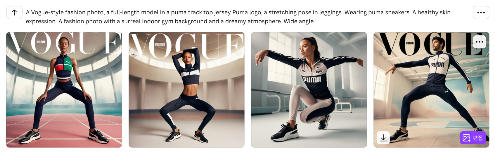 [prompt] A Vogue-style fashion photo, a full-length long-haired model wearing a puma track top jersey, and a bra top and mesh stockings together. Wearing puma sneakers. Healthy skin expression. Fashion photo with a surreal indoor gym background and a dreamy atmosphere. Wide angle