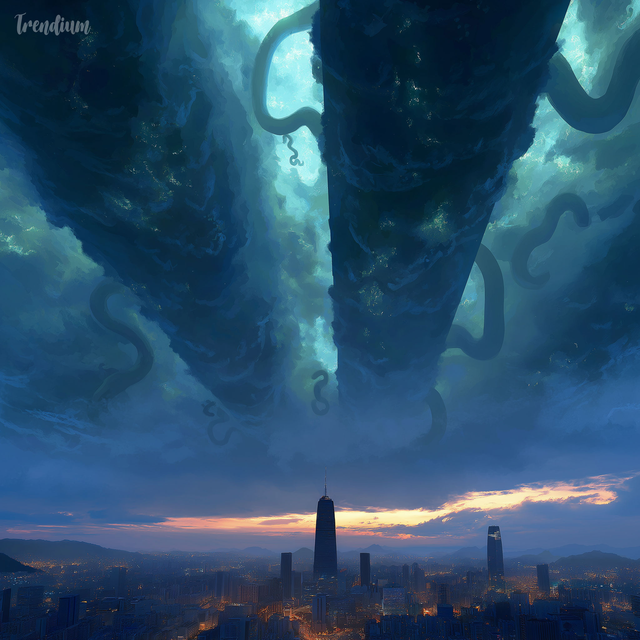 [prompt] modern Seoul skyline under fractured sky, floating black monoliths, tendrils reaching down, cosmic horror urban landscape, cinematic perspective, cosmic horror, Cthulhu, bioluminescent creatures --stylize 600 --weird 35 --v 7