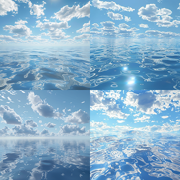 prompt : 3D rendering of a blue sky with white clouds, top view of the water surface with ripples and reflection on it, photorealistic in the style of volumetric light, bright