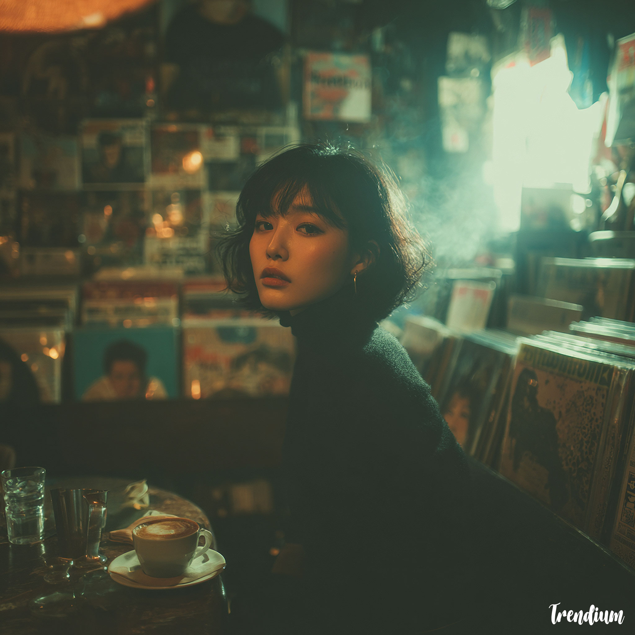 [prompt] Korean girl in a dimly-lit jazz cafe, beatnik fashion styling, surrounded by vinyl records and books, espresso on the table, smoke in the air, candid photography feel, rich warm tones and artistic composition --stylize 200