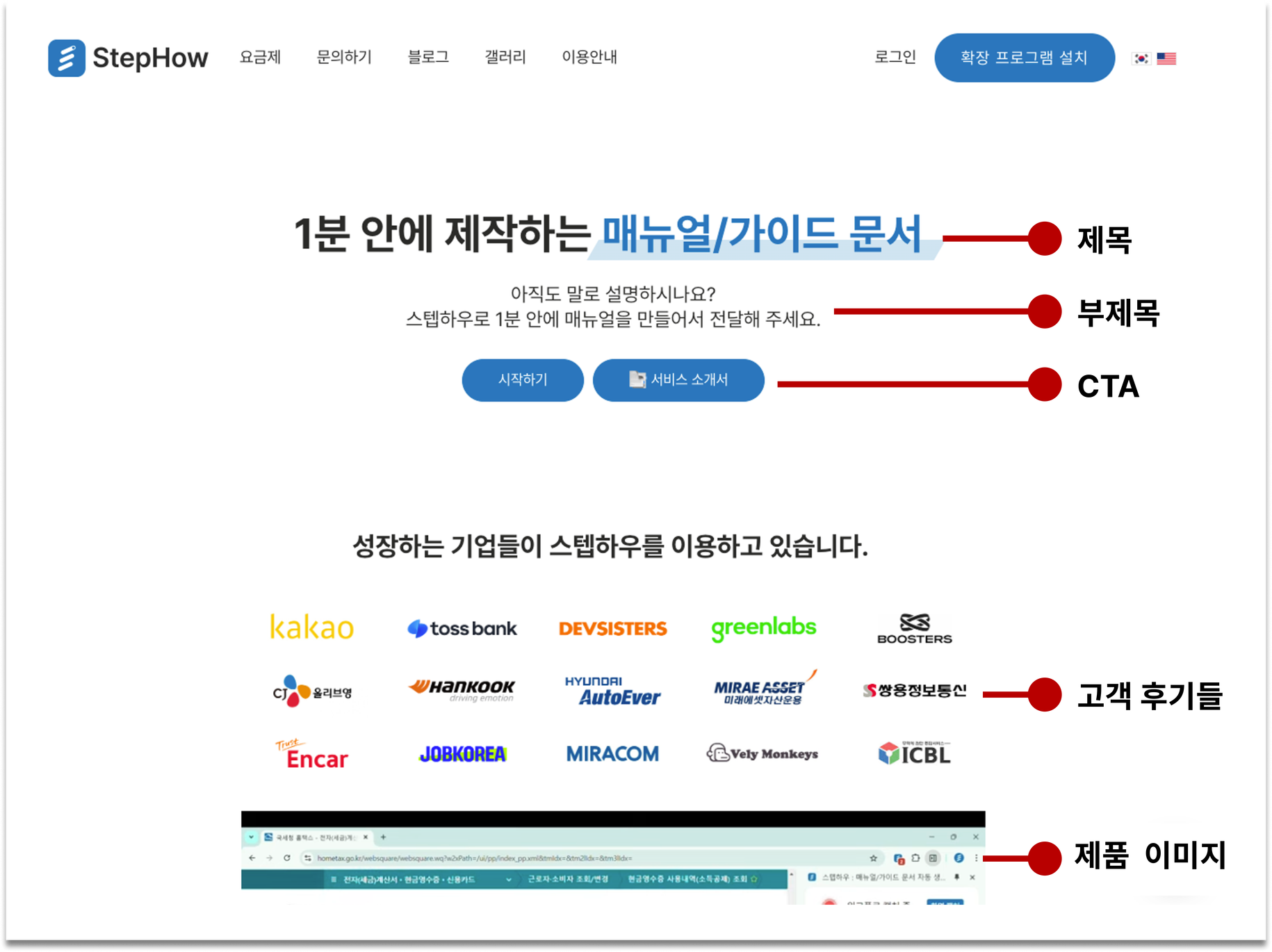 스텝하우의 랜딩페이지. 상단 부분에 필요한 요소들이 잘 정리되어 있다.