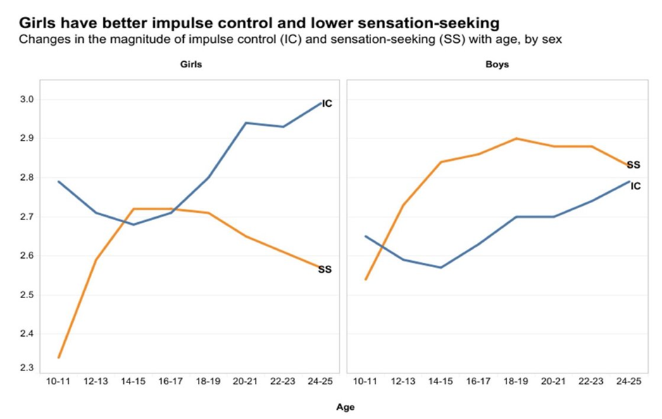 그림 4: 청년기의 남녀의 충동억제 능력 (IC 주황색)과 센세이션 추구 성향 (SS 청색)의 변화