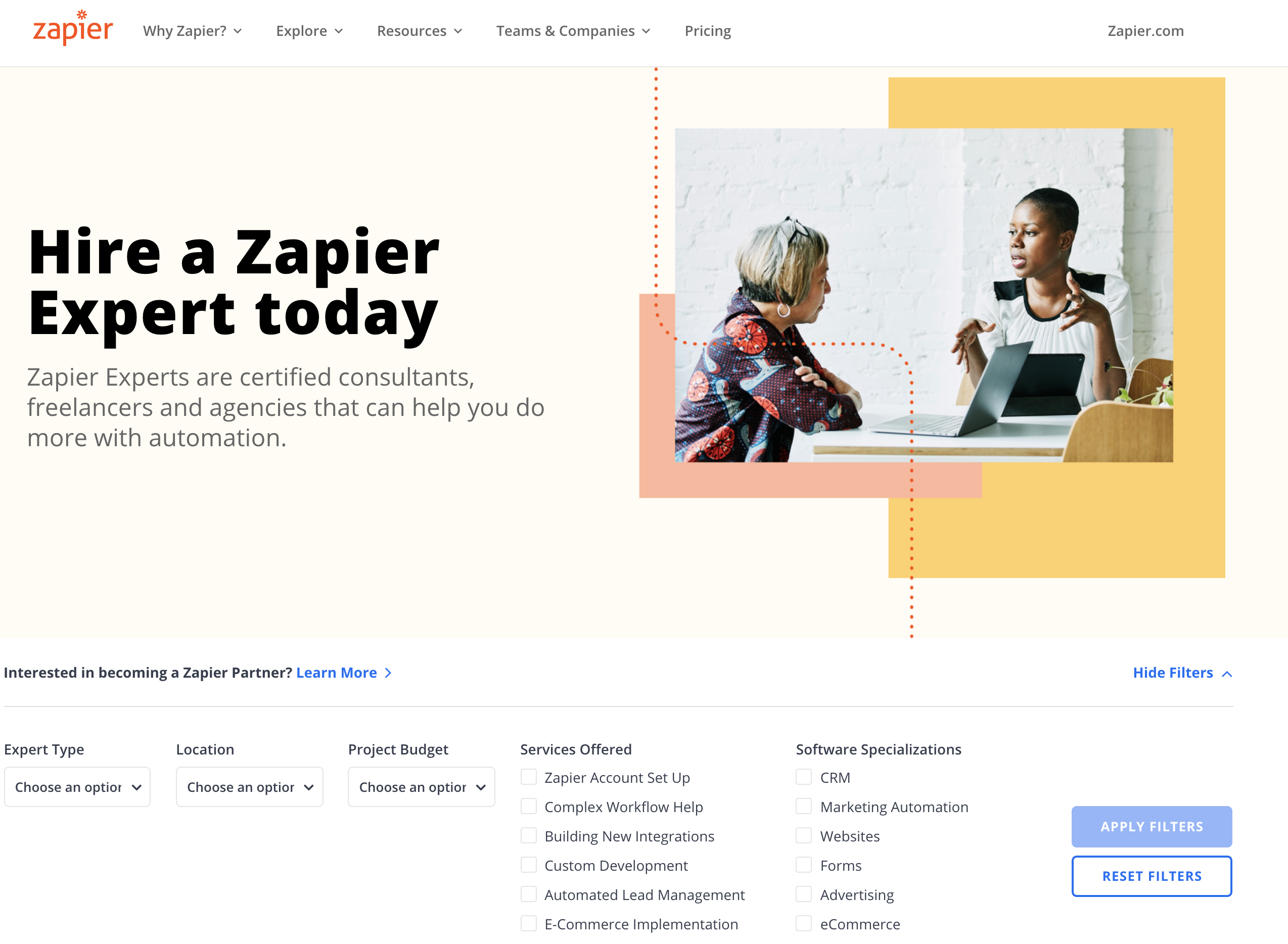 개인/기업을 위해 Zapier Expert를 고용할 수 있는 페이지를 구축