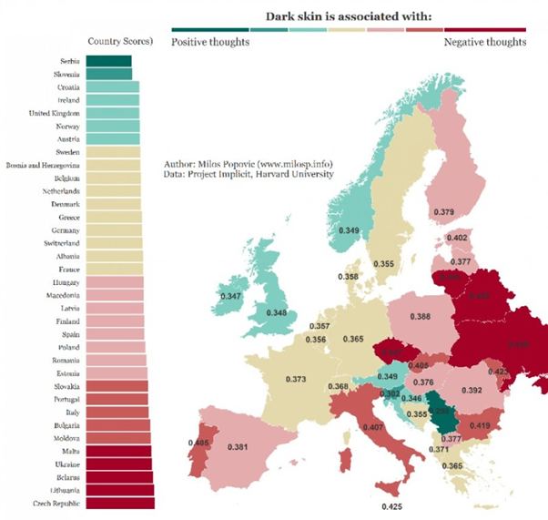 유럽 인종차별 지수, 동쪽이 확실히 심함을 알 수 있다