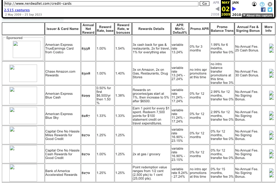 2009년 Nerd Wallet의 초기 웹사이트. 엑셀과 다를바 없는 형태의 표가 전부이다. 여러 신용카드의 비용과 혜택이 정리되어 있다.