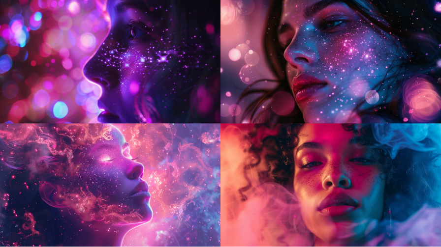 prompt : Ambiguous mixed race and Irish hair, a woman with constellation freckles on her face, freckles of stars and dots, nebulae and planets in the pink glitter background::3 ultraviolet::3 360 panorama::3 --aspect 16:9 --version 6.0