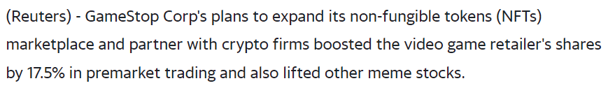 GameStop soars on building NFT trading hub, crypto partnerships (yahoo.com)