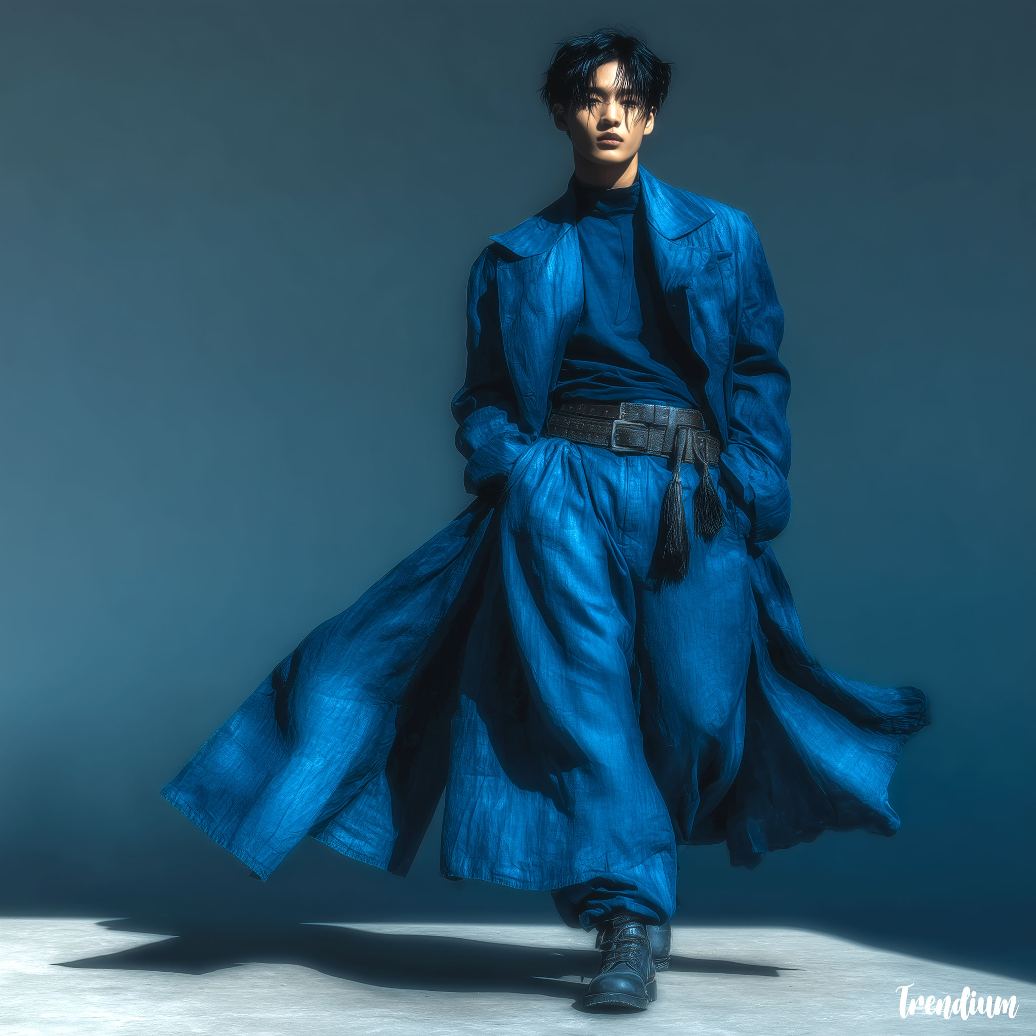 [prompt] Male K-pop idol in long flowing durumagi-inspired coat in vivid blue silk, modern slim trousers underneath, metallic tassel belt, styled with combat boots, Harper’s Bazaar Homme editorial, Canon EOS R5, 50mm f/1.2, dramatic spotlight --style raw --v 7 --stylize 300