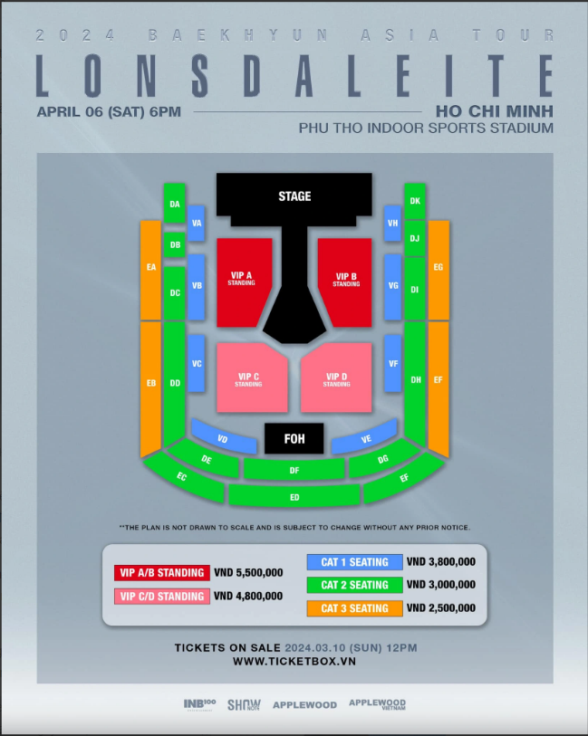 호치민시의 엑소 백현 콘서트 좌석표와 가격