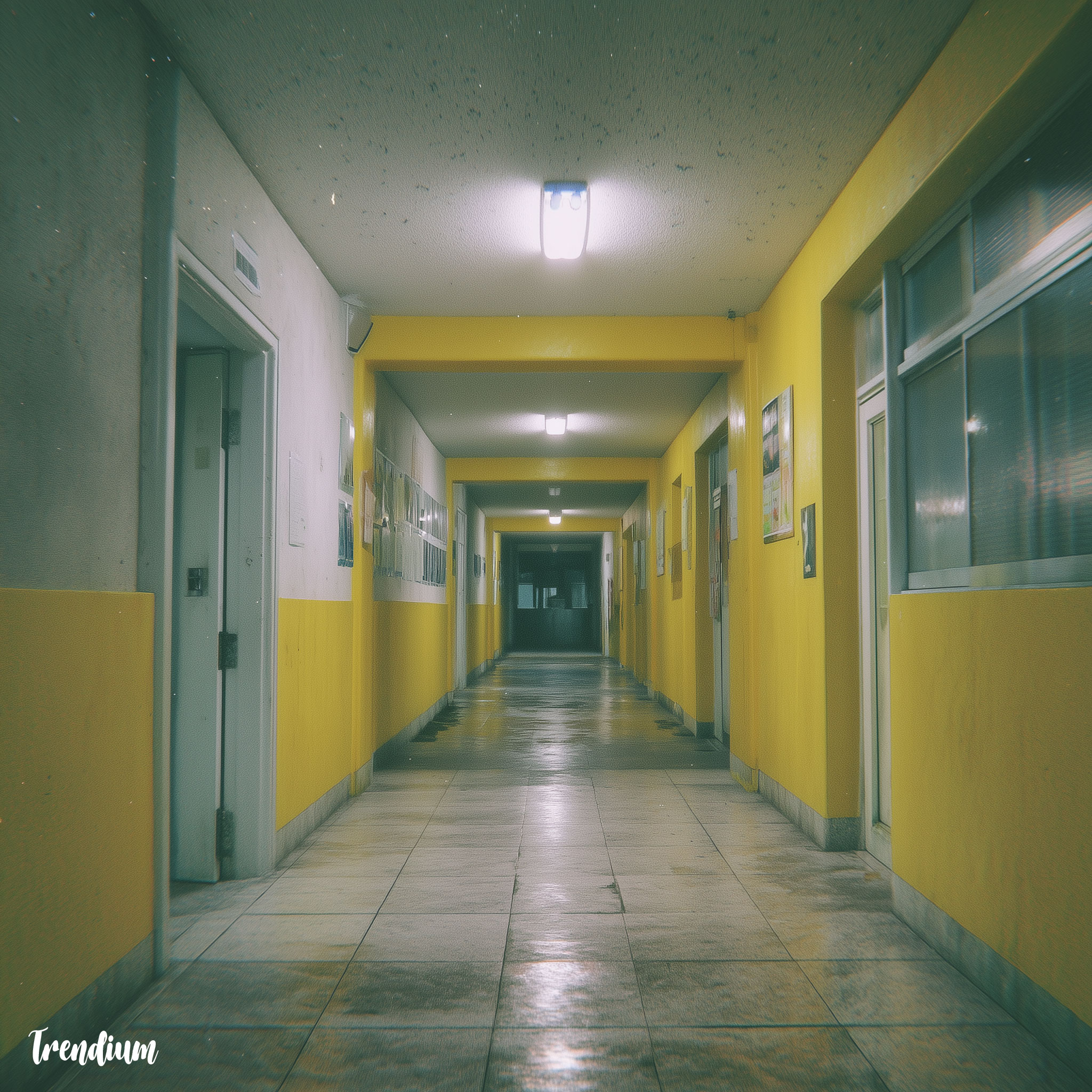 [prompt] abandoned Korean elementary school, liminal space, endless yellow hallway, flickering fluorescent lights, dusty linoleum floors, analog horror, VHS texture, eerie silence --v 7