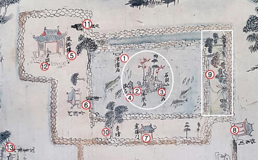 ‘무기연당 원림의 내원’ - 1.&nbsp;탁영석, 2.&nbsp;봉황석, 3.&nbsp;납두석, 4.&nbsp;부석, 5.&nbsp;풍욕루, 6.&nbsp;하환정, 7.&nbsp;한서문, 8.&nbsp;정충각&nbsp;, 9.&nbsp;화오, 10.&nbsp;행단, 11.&nbsp;귀두석, 12.&nbsp;목가산, 13.&nbsp;기양서원