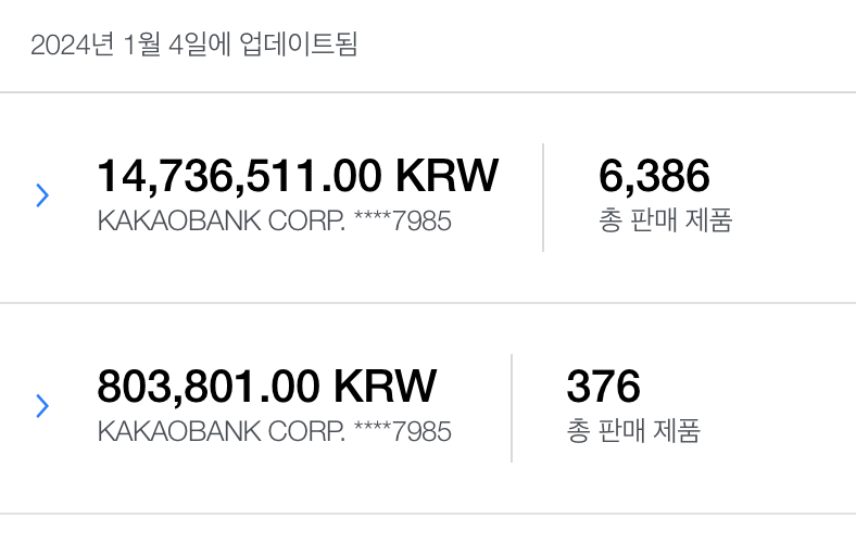 2023년 11월경의 수익금. 국내/국외로 나뉘어 있다. 앱스토어 제작자 콘솔 화면 캡처.