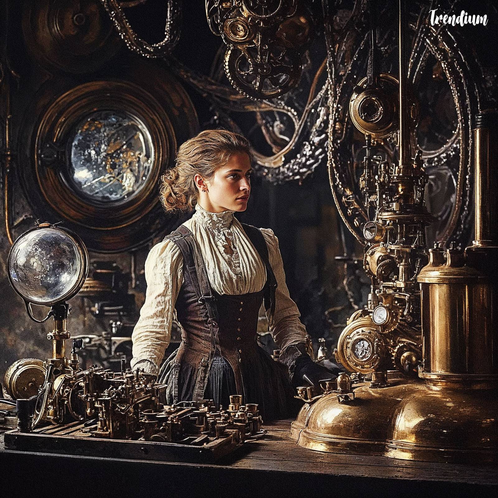 [prompt] Portrait of a steampunk inventor in her workshop, surrounded by brass gadgets, clockwork mechanisms, and steam engines