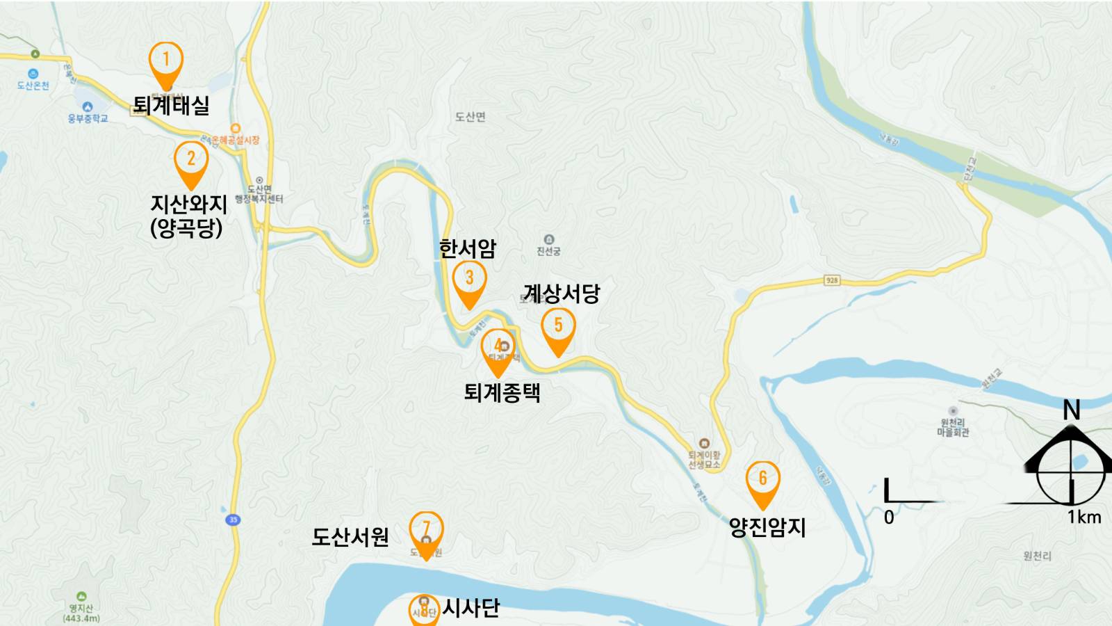 퇴계 이황의 거점 공간 변화 - 자료 : 카카오맵, 필자 편집