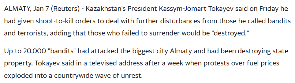 UPDATE 1-Kazakh president says he has given orders to shoot to kill 
