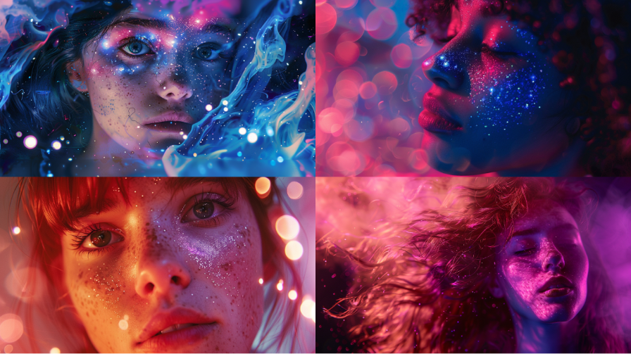 prompt : Ambiguous mixed race and Irish hair, a woman with constellation freckles on her face, freckles of stars and dots, nebulae and planets in the pink glitter background::3 ultraviolet::3 360 panorama::3 --aspect 16:9 --version 6.0