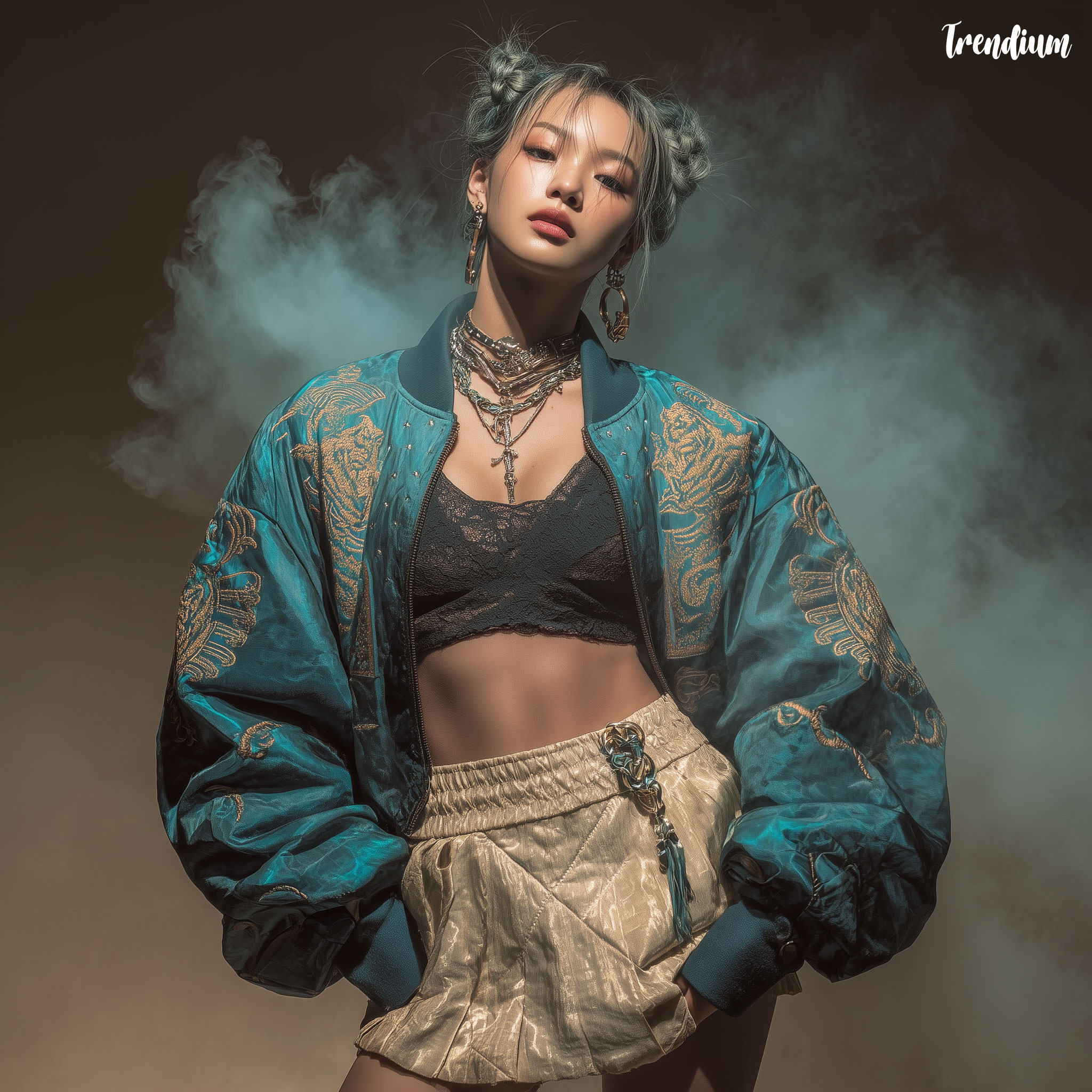 [prompt] Girl idol wearing cropped bomber jacket with embroidered teal tiger motif inspired by Korean minhwa, styled with metallic skirt and bold accessories, confident pose on stage, Harper’s Bazaar fashion editorial, Nikon Z7 II, 85mm lens, spotlight with smoke --style raw --v 7 --stylize 400