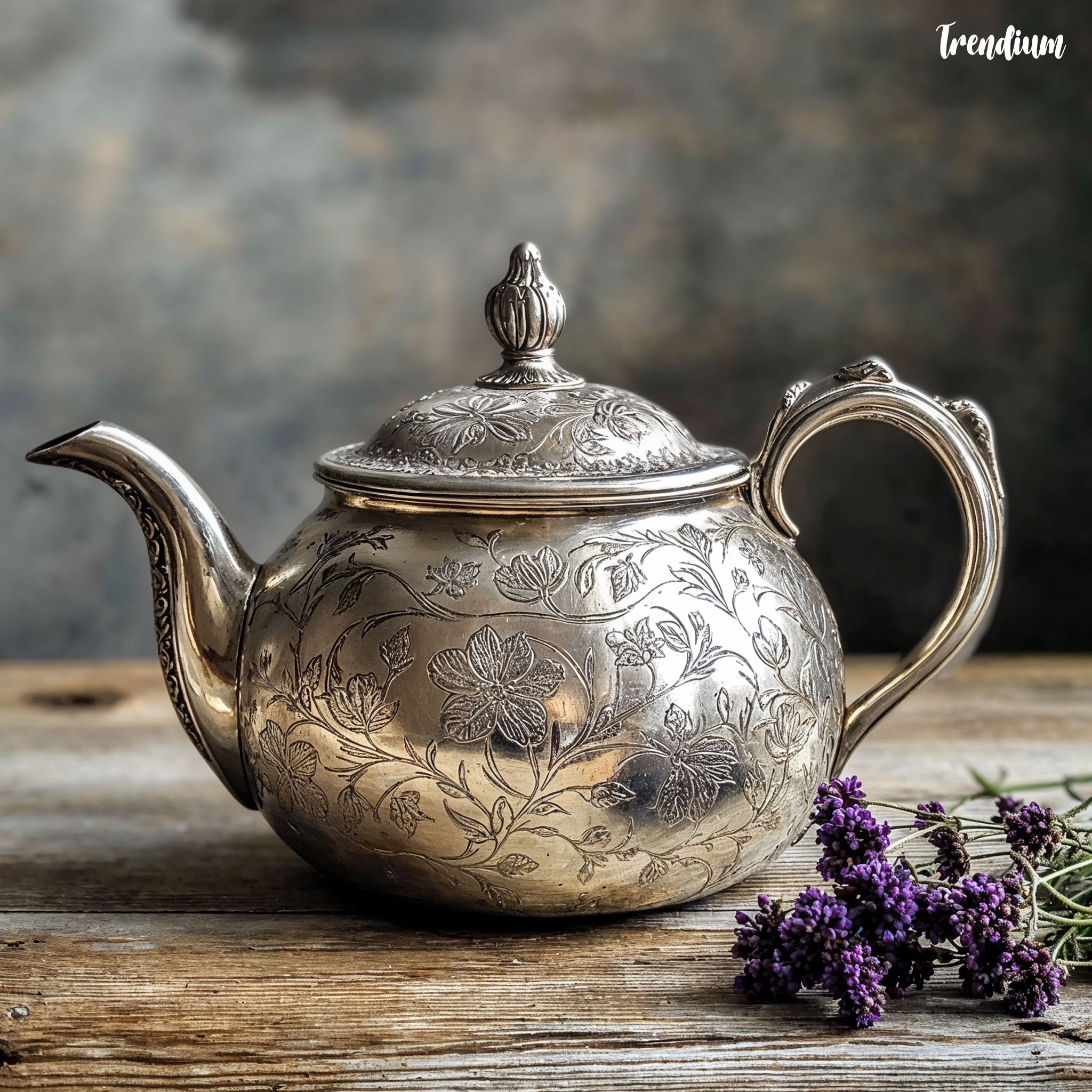 [prompt] Charles Robert Ashbee inspired teapot, handcrafted silver, engraved floral patterns, curved handle, antique style