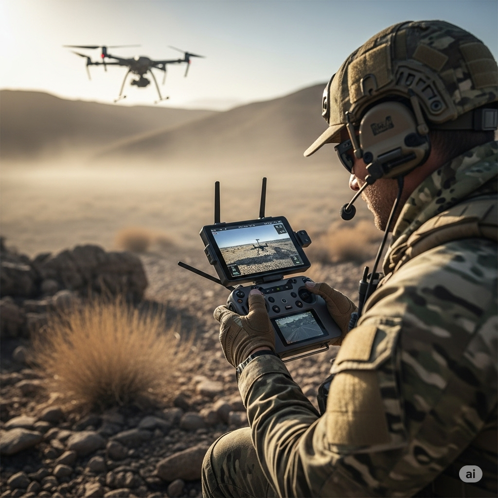 화면을 통해 드론을 조종하는 군인 이미지