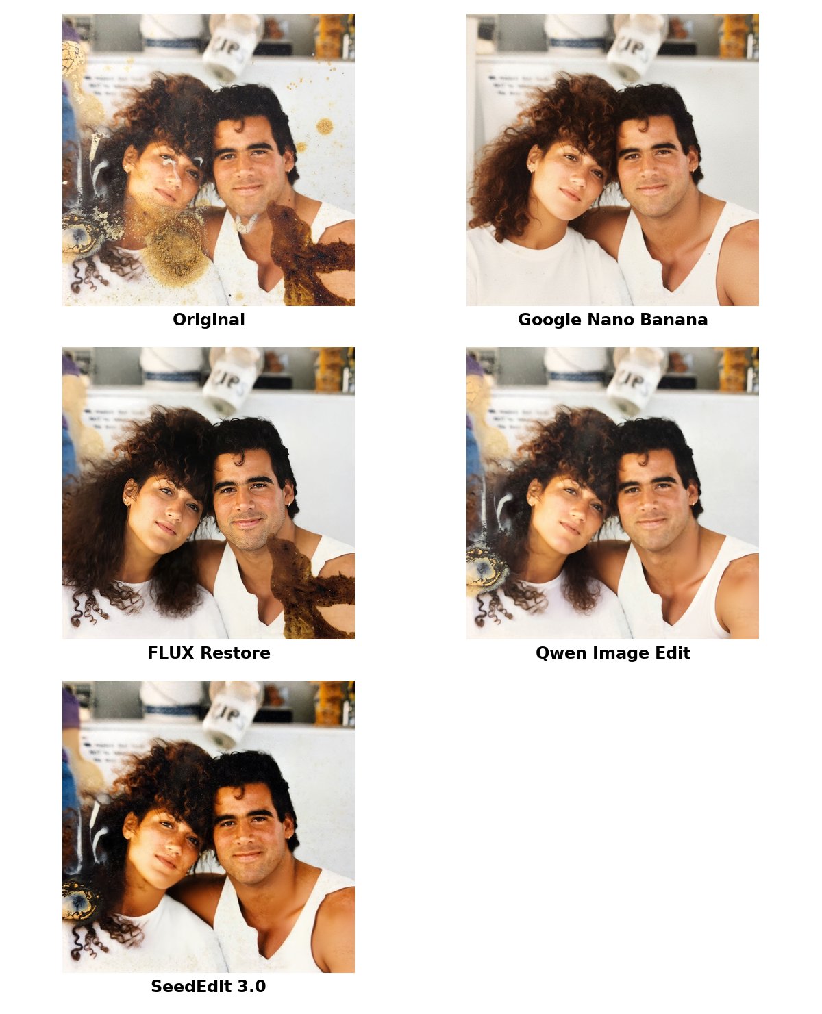 나노 바나나와 다른 모델들과의 비교. 다른 모델들과 비교해 오염 영역을 정교하게 인식하고 제거하는 탁월한 성능을 자랑한다.