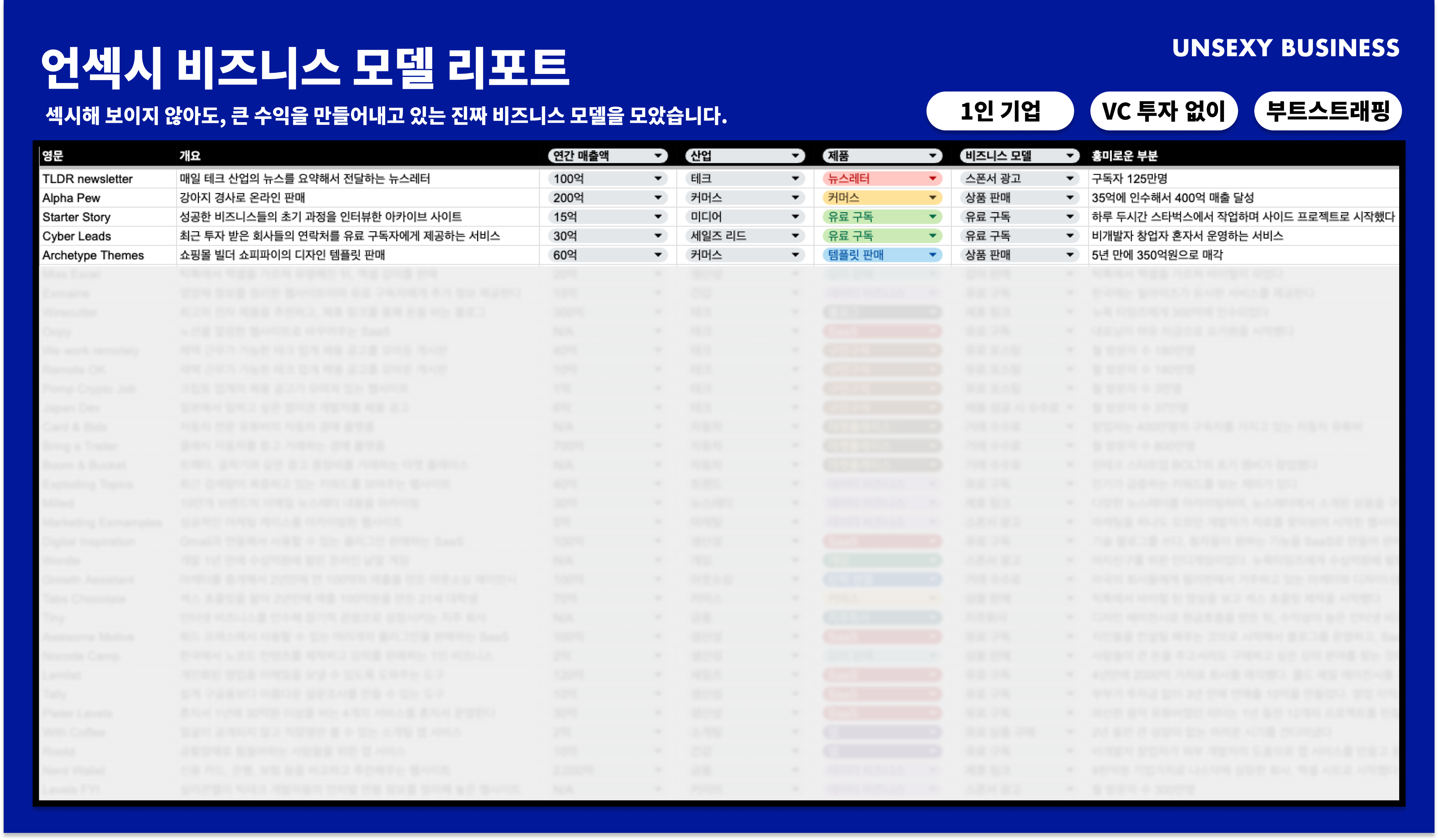 50개 이상의 비즈니스 케이스가 정리되어 있는 언섹시 리포트