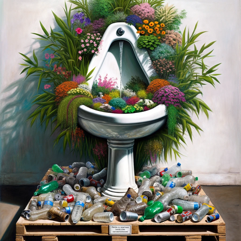 Artistic rendition of Duchamp&#39;s Fountain as a sustainable planter. The urinal, filled with vibrant plants and flowers, stands as a symbol of recycling. Discarded waste, like plastic bottles and cans, surround its wooden pedestal, contrasting with the life inside the urinal. A plaque with the words &#39;From Waste to Wonder&#39; adorns the pedestal, emphasizing the transformation from discarded object to eco-friendly art.