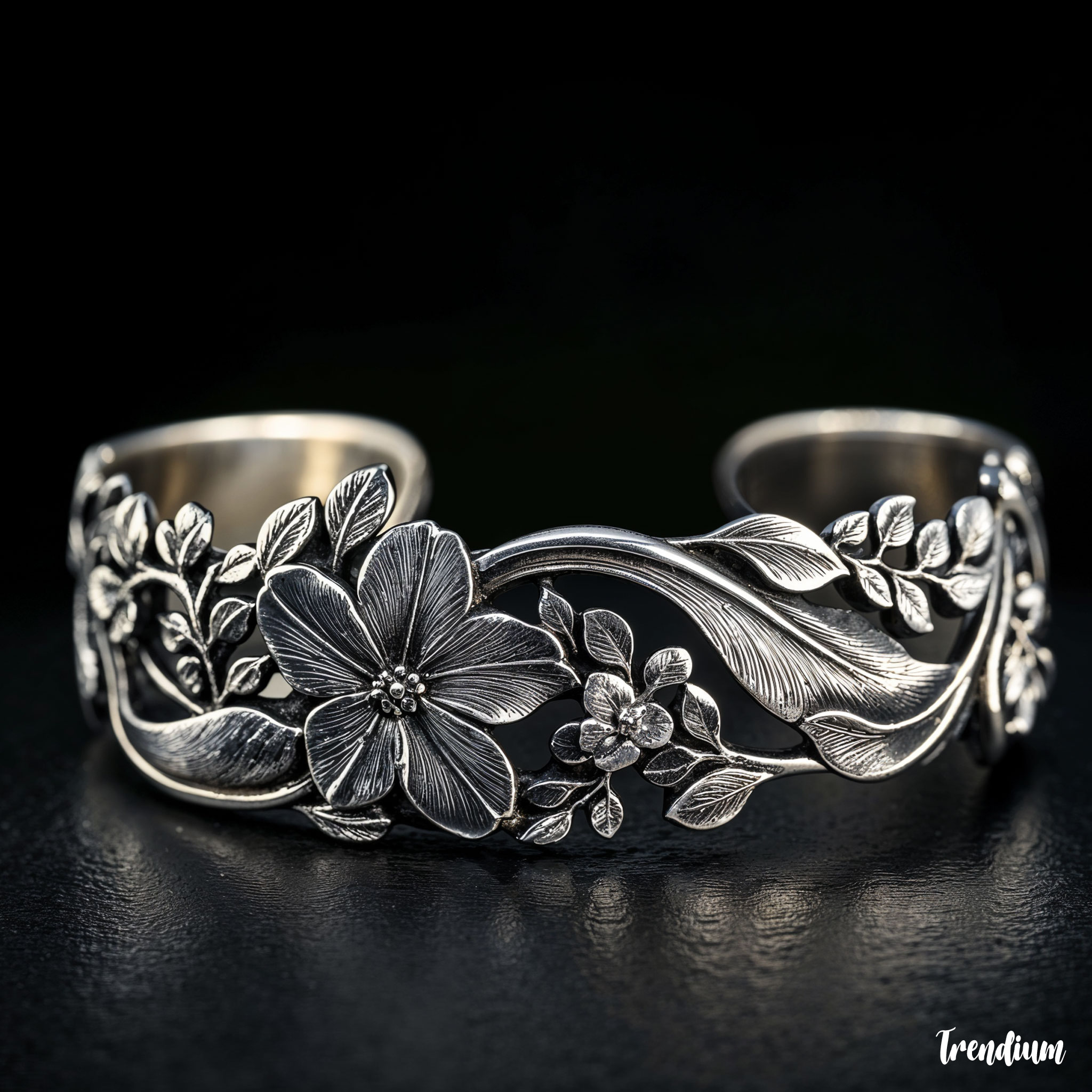 [prompt] Floral-themed silver bracelet in Arts and Crafts style, artisan touch, curved organic shape, Ashbee influence