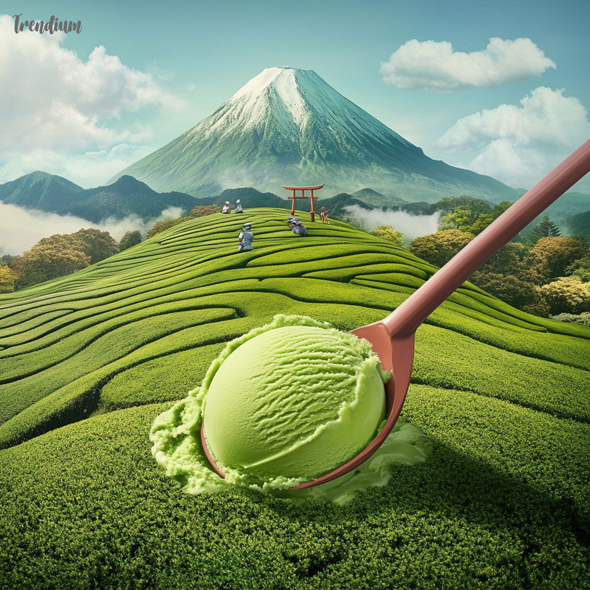 [prompt] giant ice cream scoop digging into a matcha green tea field hill