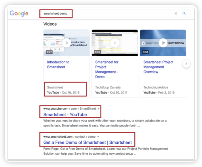 Smartsheet는 웹사이트와 YouTube 모두에 데모 콘텐츠를 제작하여 “smartsheet demo” 검색 결과에서 첫 번째 결과를 장악할 수 있었습니다.