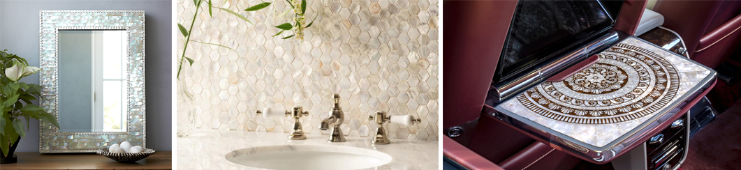   (좌) 진주 조개 가구, Iris   |   (중) 화이트 펄 육각형 쉘 모자이크 타일, The English Home   |   (우) 롤스로이스 ‘The Pearl Cullinan’의 내부 인테리어, AUTOMOTIVE INTERIORS WORLD