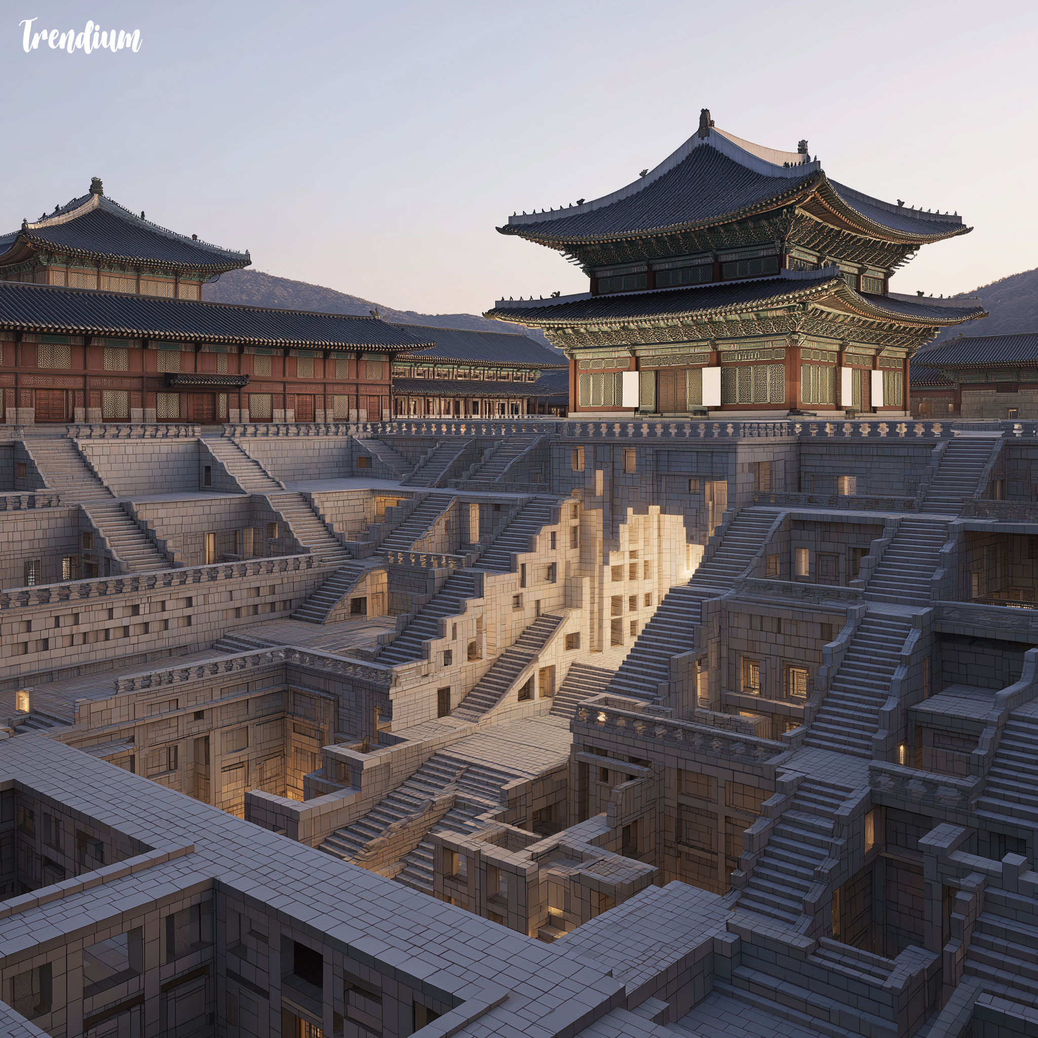 [prompt] Impossible palace architecture, Gyeongbokgung meets Escher-style paradoxical stairs --v 7