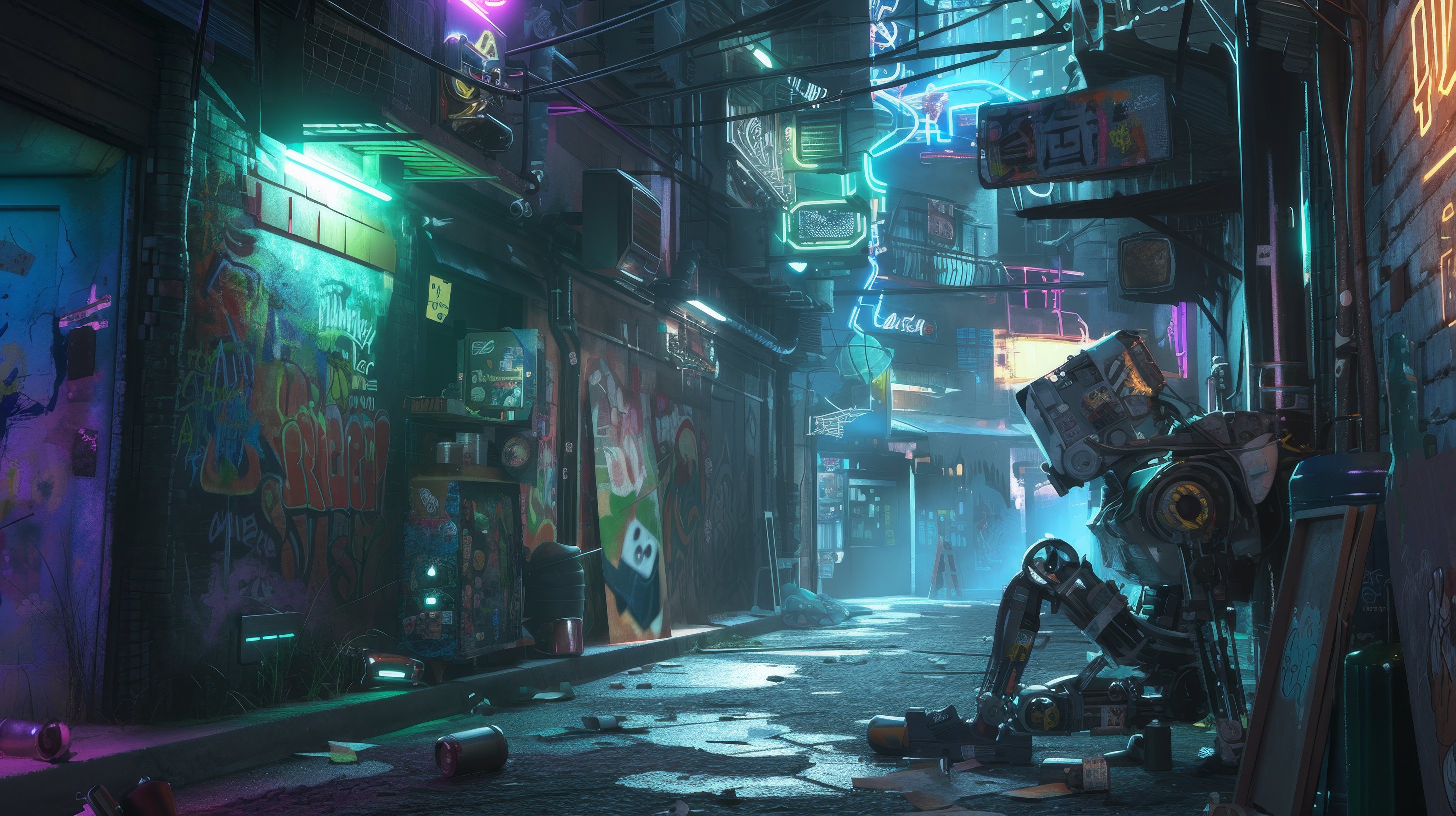 meticulously detailed futuristic pixar+3d+disney+cute+don bluth+anime style intricate photograph of a rusty old humanoid cyberpunk robot , detailed textured outfit, in a cyberpunk colorful cyberpunk futuristic graffiti moonlit alley at night background, realistic, amazing background, tech,cinematic lighting and reflections and detailed lit materials.octane rendered, 3d art. --s 125 --style raw --ar 16:9  --niji 6