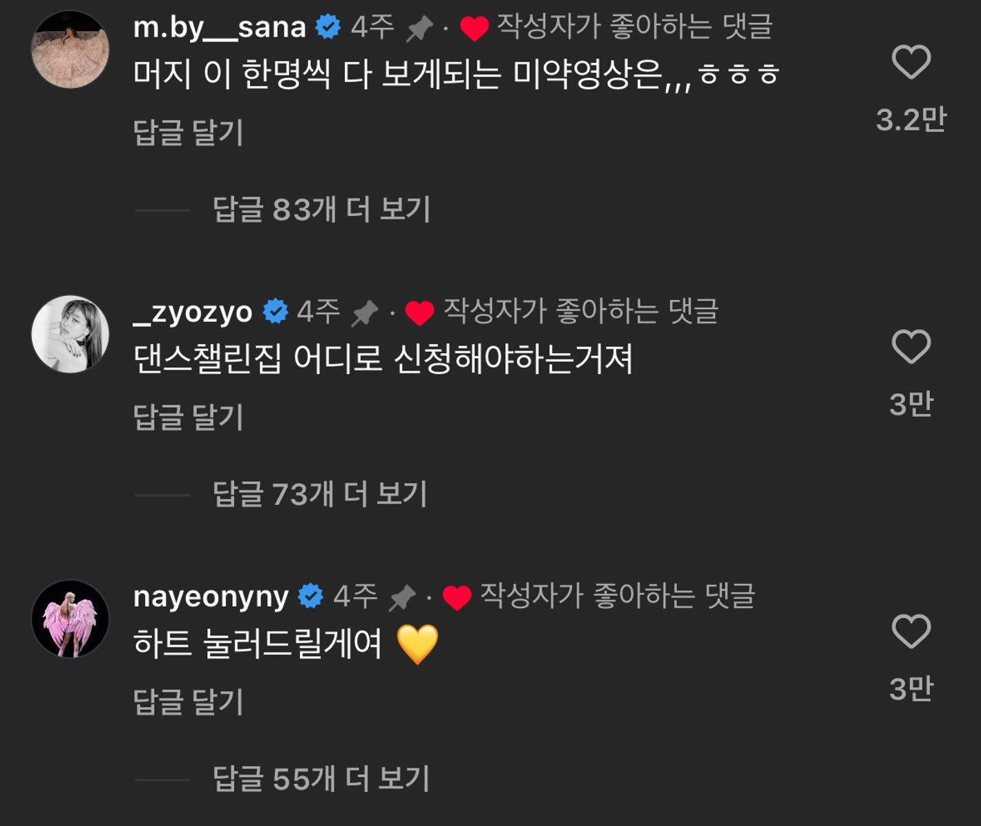 이미지 = 댄스챌린집 인스타그램 댓글 캡처 (https://www.instagram.com/reel/C6LwU4DPIZ9/?igsh=NzM1MTB6ejV3cTk5)  