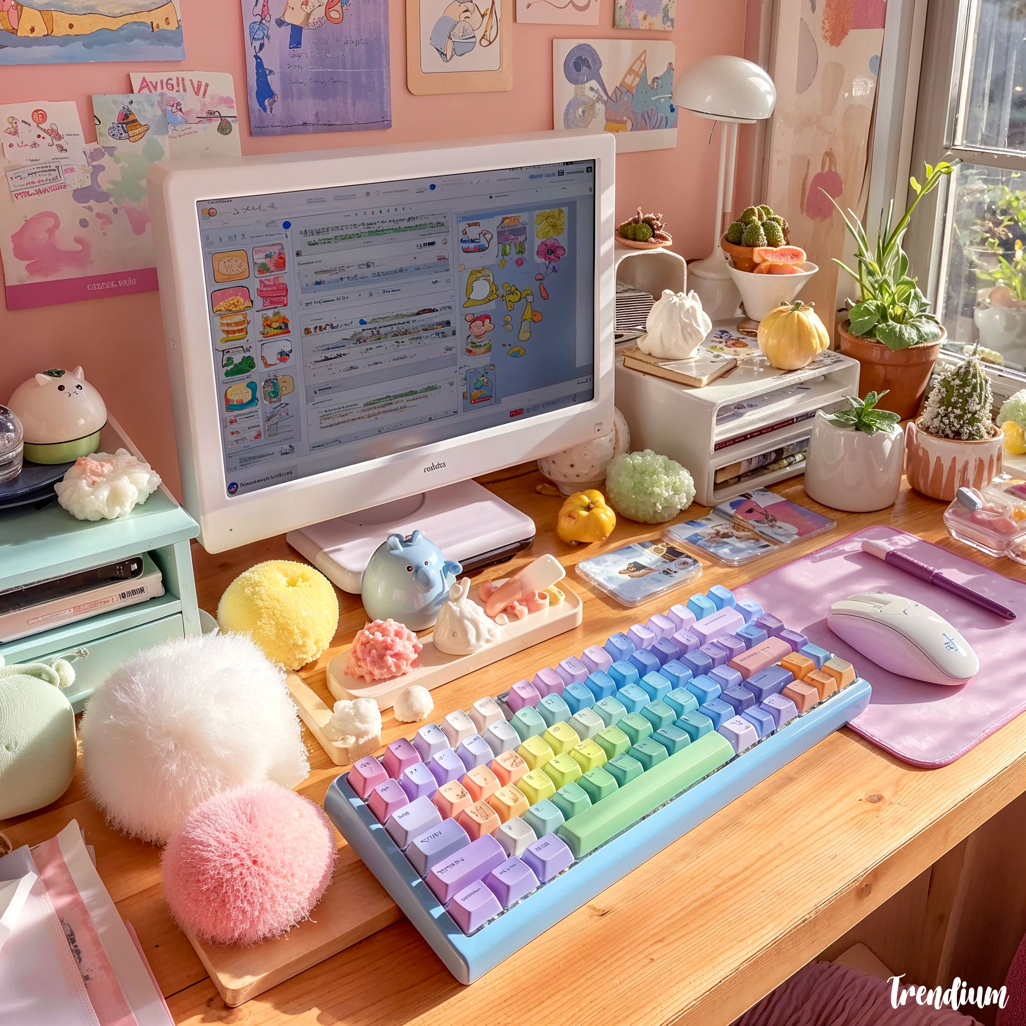 [prompt] kichi office desk setup, pastel computer, plush keyboard, resin desk accessories --v 7