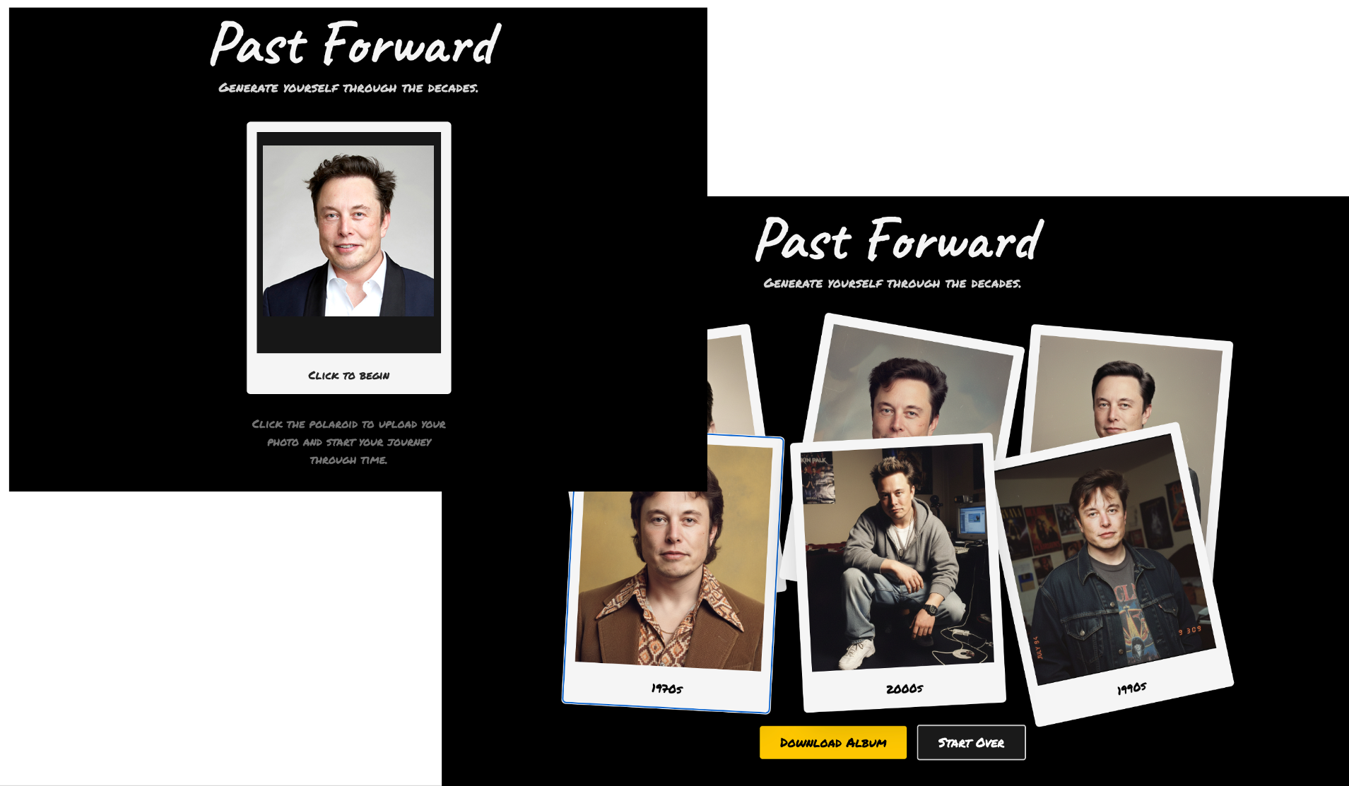 실제로 일론 머스크의 사진을 넣고 실행해 본 결과 얼굴 특징은 남겨둔채 시대상에 맞게 이미지를 생성해주는 것을 볼 수 있다.(pastforward.cloud)